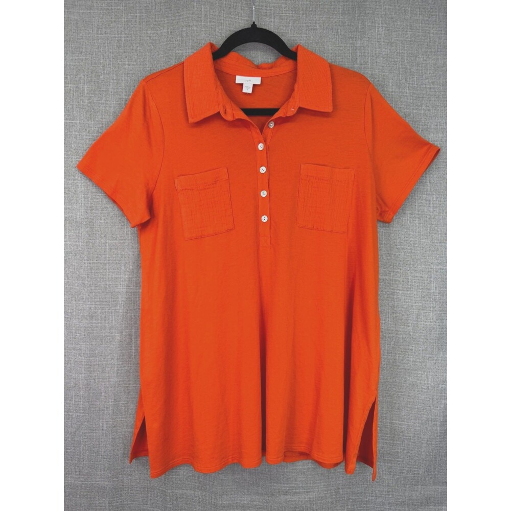 J. Jill Collared Short Sleeve Knit Tunic Women's Size M Orange Chest Pockets